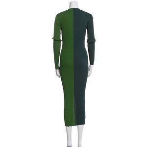 STAUD Two-Tone Green Ribbed Long Sleeve Midi Dress